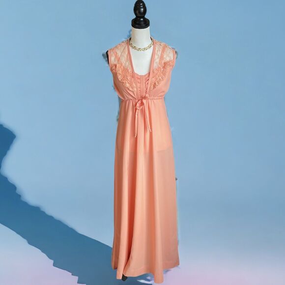 Vintage 70s Peach Orange Teens Maxi Prom Event Dress With Jacket XXS 00 0 - Picture 1 of 9